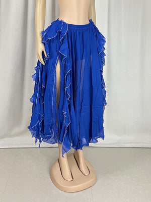 Belly Dance Women's Sky Blue Chiffon Ruffled Skirt with Sequin and Beaded Hip Scarf