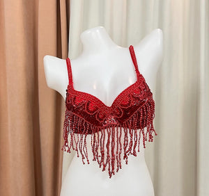 Women's White Iridescent Sequin Beaded Fringe Belly Dance Bra Top