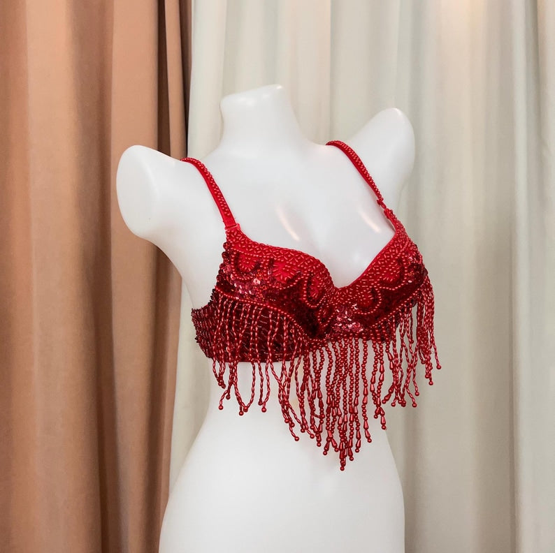 Women's White Iridescent Sequin Beaded Fringe Belly Dance Bra Top