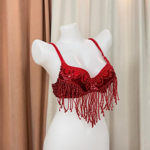 Women's White Iridescent Sequin Beaded Fringe Belly Dance Bra Top