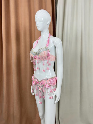 Belly Dance Costume Pink Halter Top and Skirt with Silver Beading and Pink Beads, Fringe Embellishments, Women's Belly Dance Set