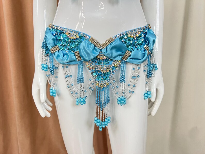 Belly Dance Bra and Belt Set, Women's Blue Beaded & Sequin Halter Top with Matching Hip Scarf, Satin & Chiffon, Tribal Fusion Dancewear