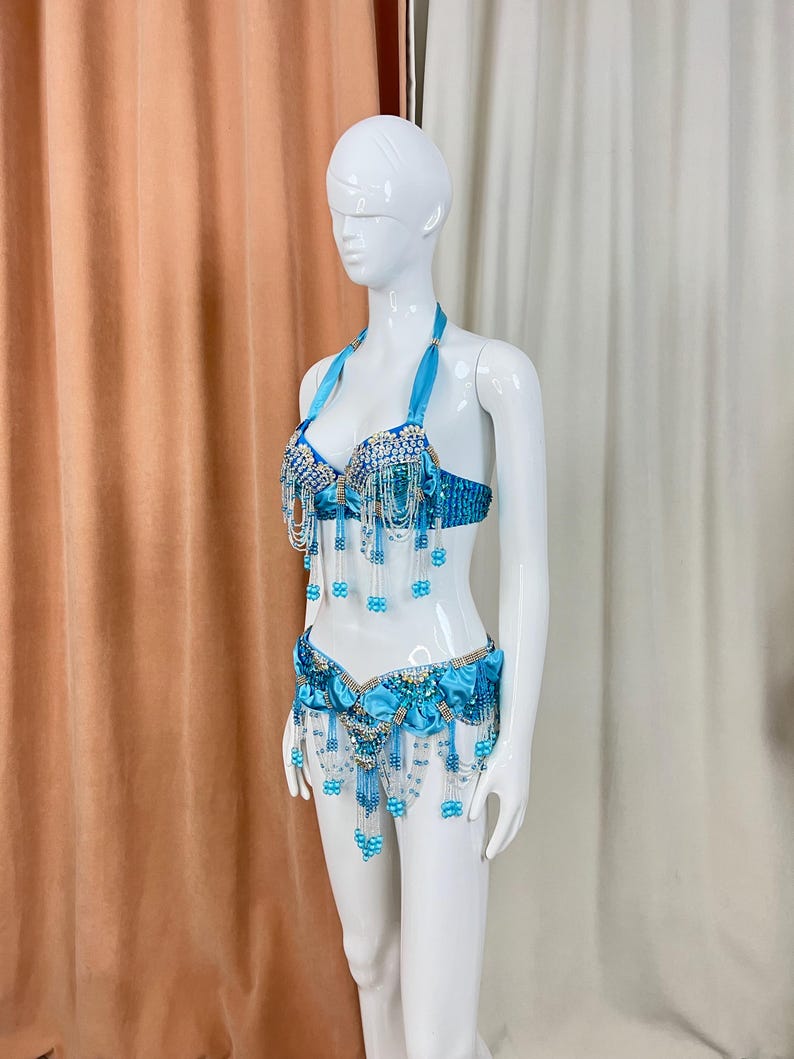 Belly Dance Bra and Belt Set, Women's Blue Beaded & Sequin Halter Top with Matching Hip Scarf, Satin & Chiffon, Tribal Fusion Dancewear