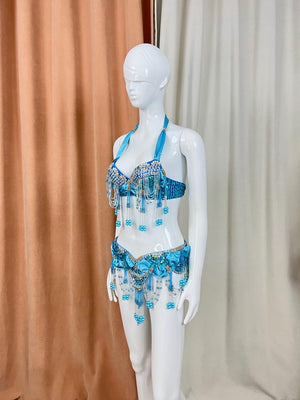 Belly Dance Bra and Belt Set, Women's Blue Beaded & Sequin Halter Top with Matching Hip Scarf, Satin & Chiffon, Tribal Fusion Dancewear