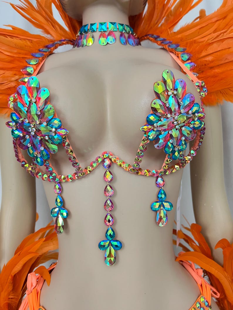 Carnival Dance Costume Women Orange Feathered Sequin Rhinestone Bikini Set with Headband, Armbands, and Ankle Cuffs