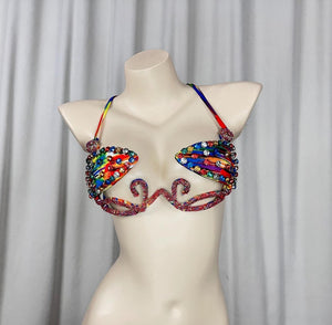 Bikini Top Women's Multi-color Rhinestone Embellished Abstract Print Tie-Dye Straps Dance