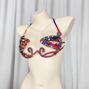 Bikini Top Women's Multi-color Rhinestone Embellished Abstract Print Tie-Dye Straps Dance