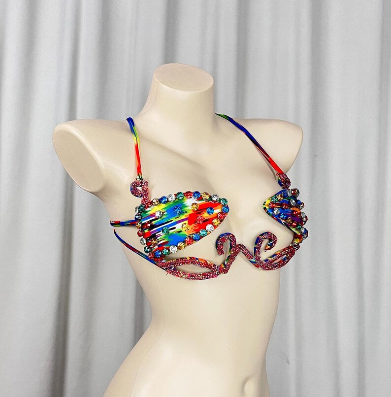 Bikini Top Women's Multi-color Rhinestone Embellished Abstract Print Tie-Dye Straps Dance