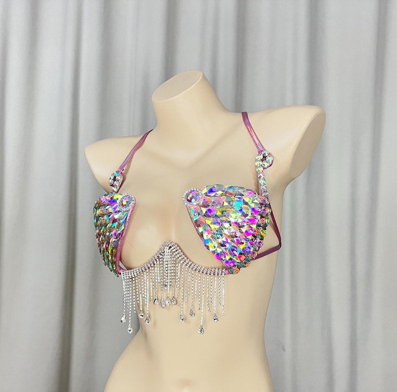 Women's Iridescent Sequin Rhinestone Fringe Dance Bra Top - Latin, Ballroom