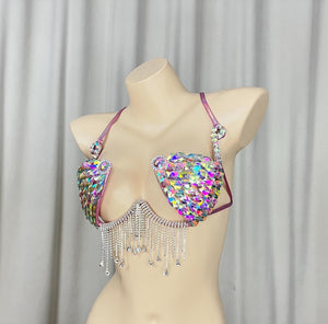 Women's Iridescent Sequin Rhinestone Fringe Dance Bra Top - Latin, Ballroom