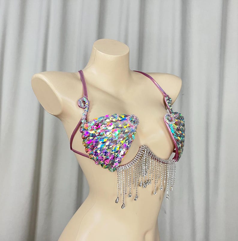 Women's Iridescent Sequin Rhinestone Fringe Dance Bra Top - Latin, Ballroom