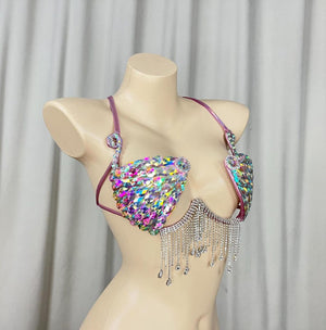 Women's Iridescent Sequin Rhinestone Fringe Dance Bra Top - Latin, Ballroom