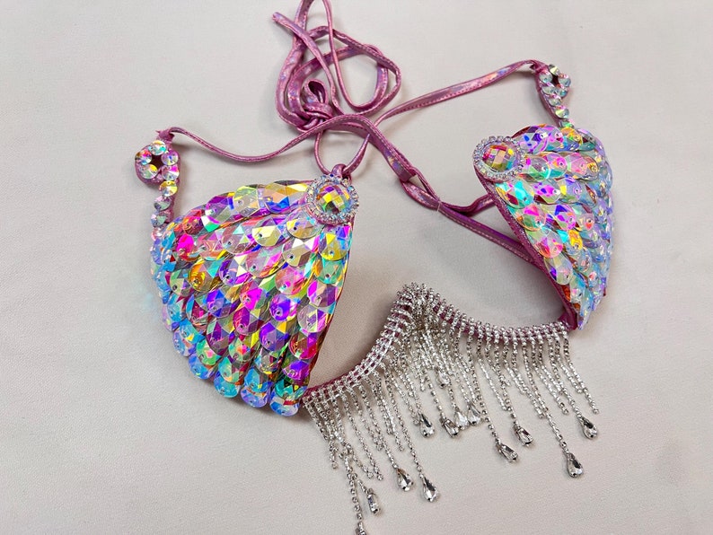 Women's Iridescent Sequin Rhinestone Fringe Dance Bra Top - Latin, Ballroom