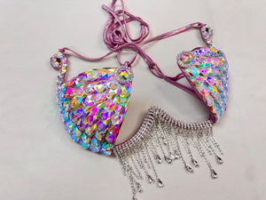 Women's Iridescent Sequin Rhinestone Fringe Dance Bra Top - Latin, Ballroom