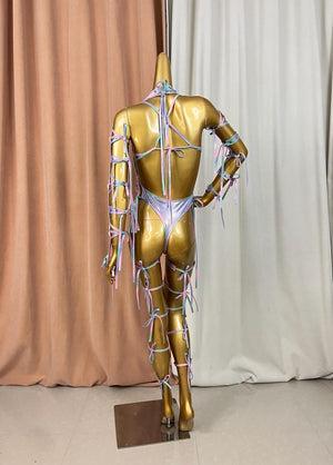 Women's Pastel Ombre Harness Lingerie Set with Rhinestones, Faux Leather, and Strappy Details for Exotic Dance