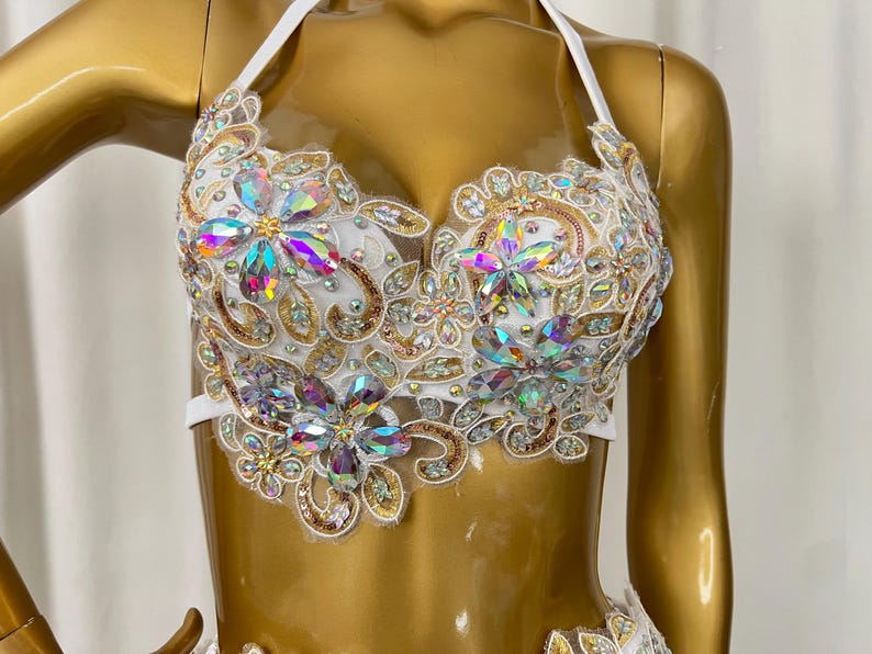 Women's White Embellished Halter Neck Two-Piece Ballroom Latin Dance Dress with Ruffled Skirt