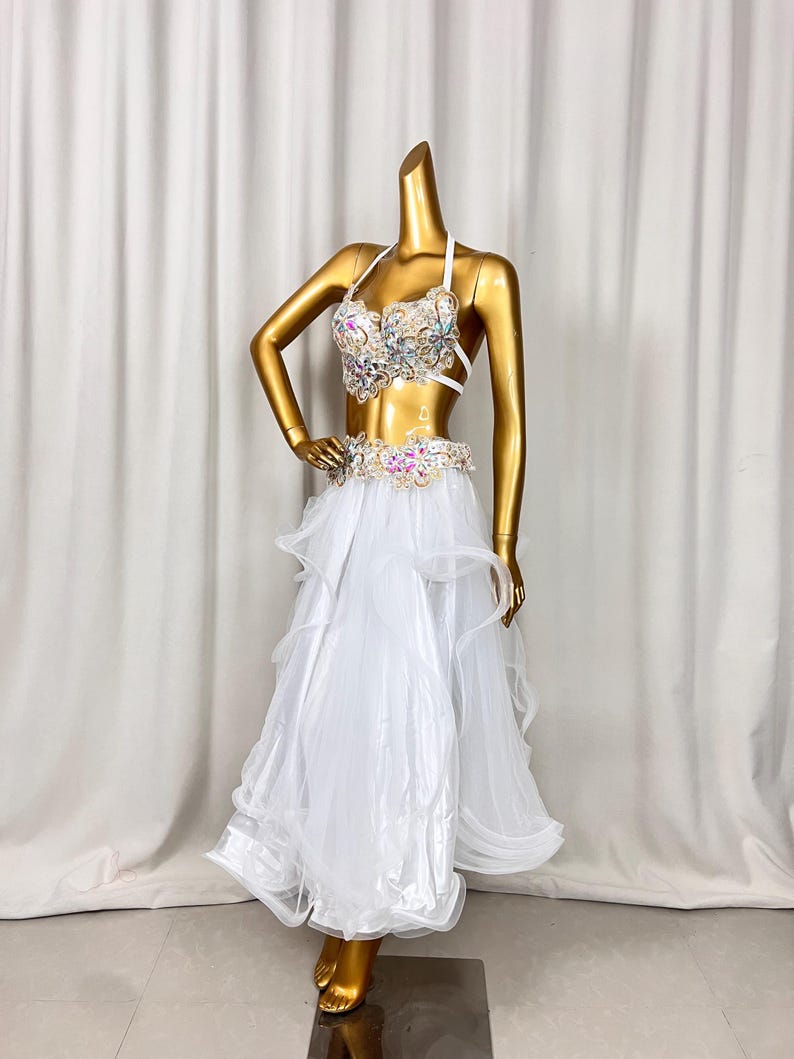 Women's White Embellished Halter Neck Two-Piece Ballroom Latin Dance Dress with Ruffled Skirt