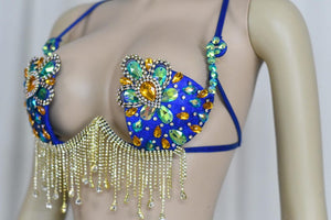 Belly Dance Bra, Women's Blue & Gold Crystal Embellished Fringe Sequins Rhinestone Dance Top, Samba, Carnival, Rave, Festival Costume