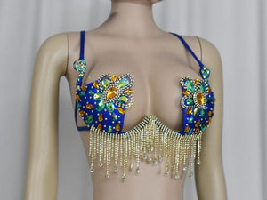 Belly Dance Bra, Women's Blue & Gold Crystal Embellished Fringe Sequins Rhinestone Dance Top, Samba, Carnival, Rave, Festival Costume