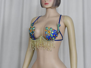 Belly Dance Bra, Women's Blue & Gold Crystal Embellished Fringe Sequins Rhinestone Dance Top, Samba, Carnival, Rave, Festival Costume