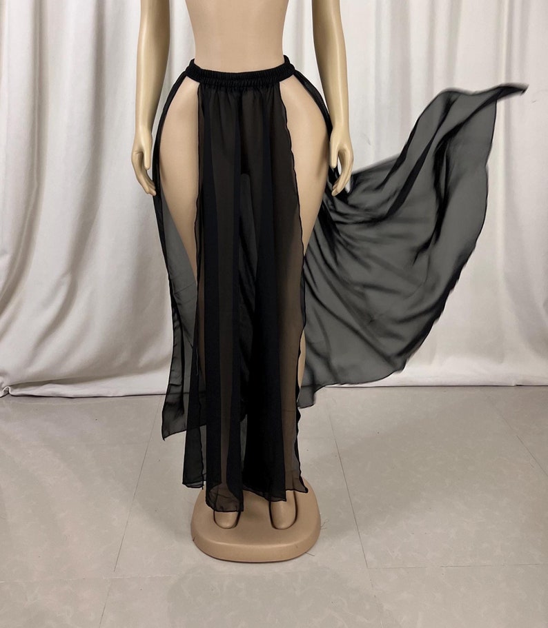 Women's Black Sheer Side Slit Chiffon Maxi Skirt - Belly Dance Cover-Up