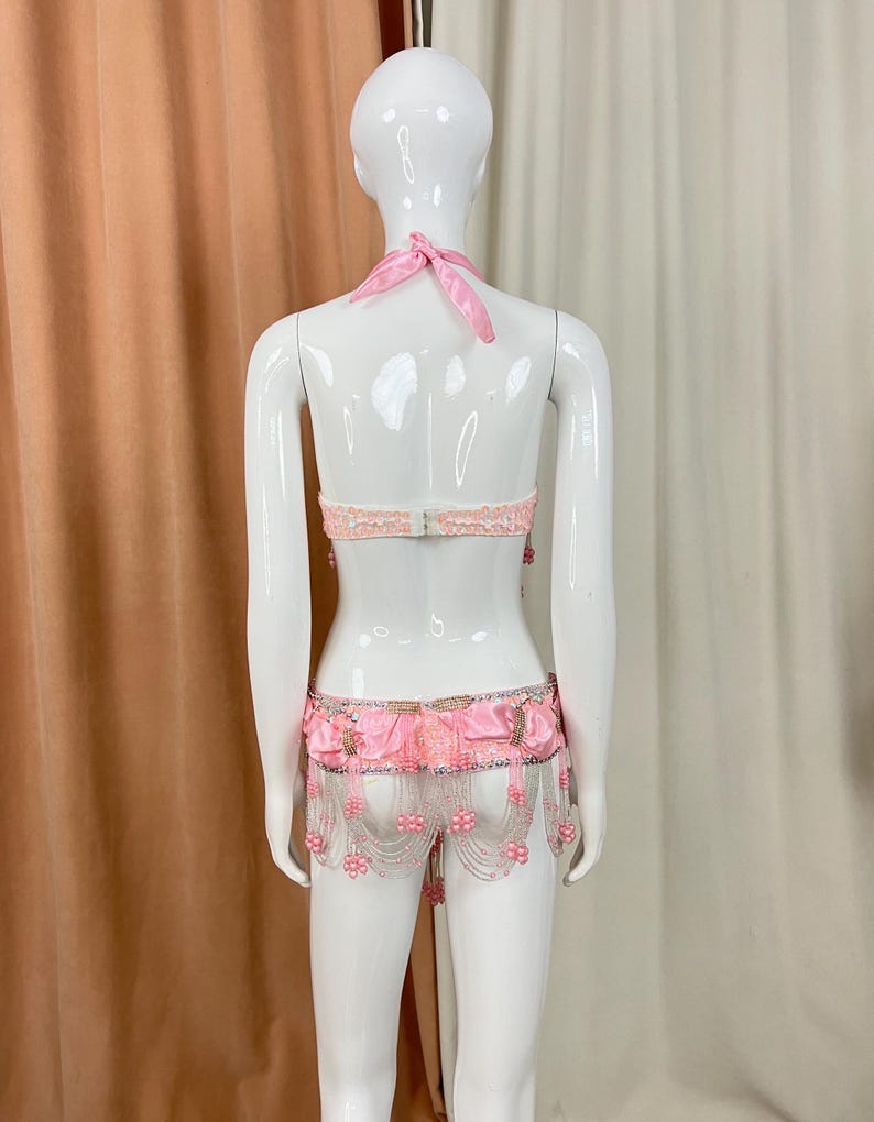 Belly Dance Costume Pink Halter Top and Skirt with Silver Beading and Pink Beads, Fringe Embellishments, Women's Belly Dance Set