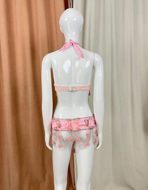 Belly Dance Costume Pink Halter Top and Skirt with Silver Beading and Pink Beads, Fringe Embellishments, Women's Belly Dance Set