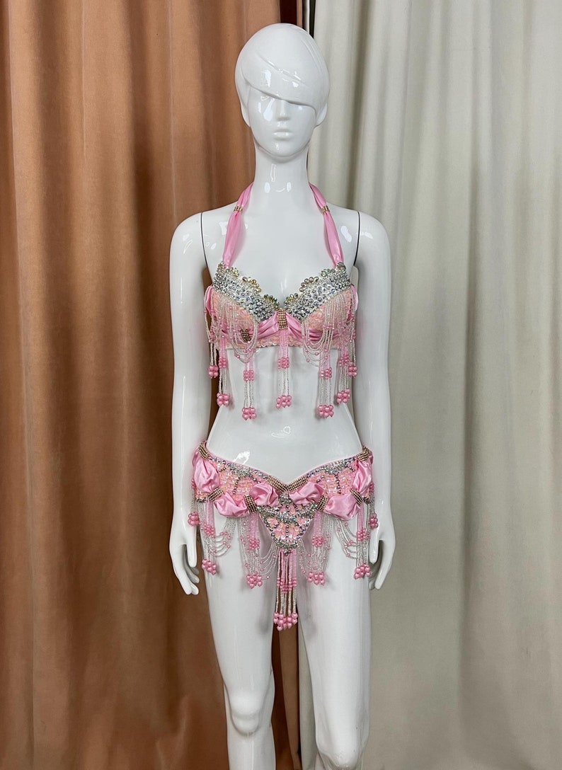 Belly Dance Costume Pink Halter Top and Skirt with Silver Beading and Pink Beads, Fringe Embellishments, Women's Belly Dance Set