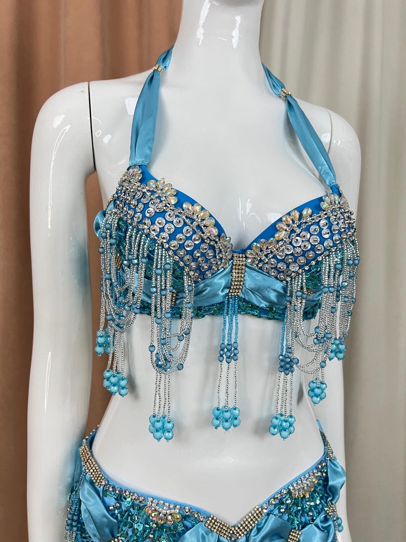 Belly Dance Bra and Belt Set, Women's Blue Beaded & Sequin Halter Top with Matching Hip Scarf, Satin & Chiffon, Tribal Fusion Dancewear