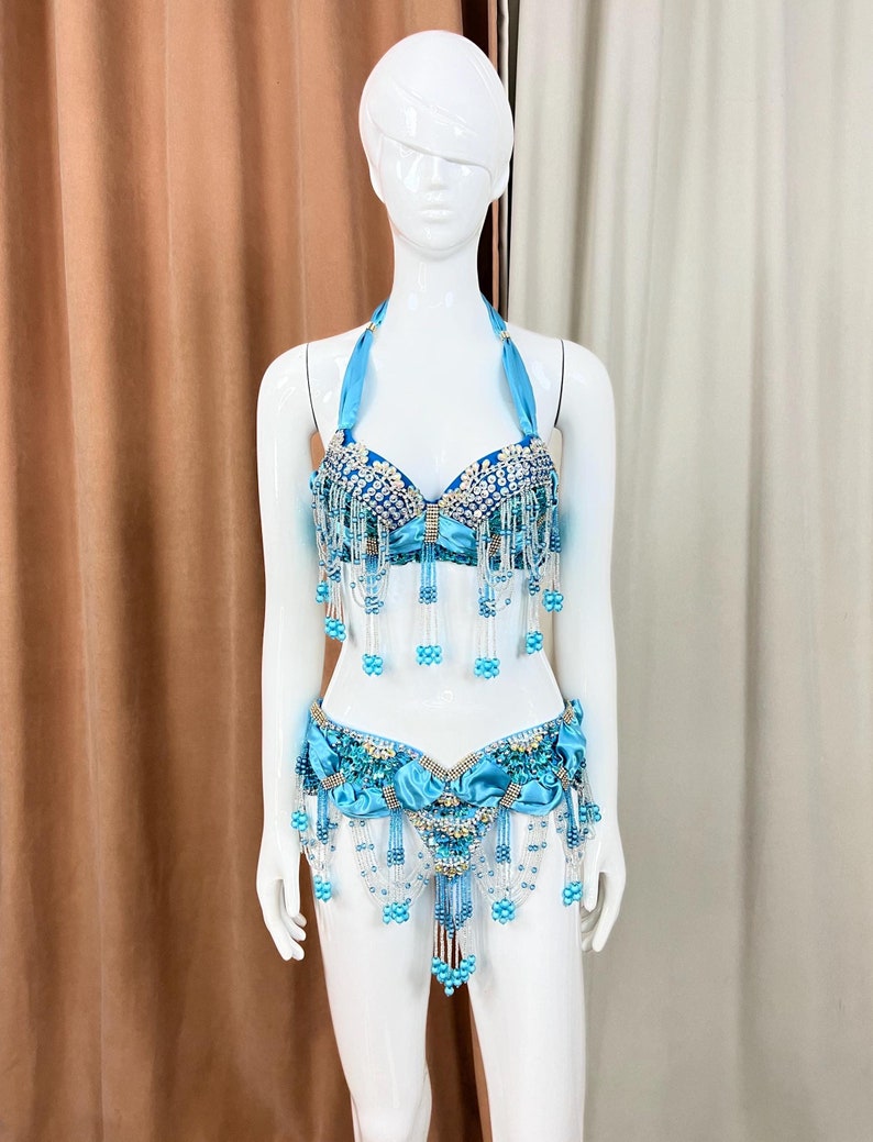 Belly Dance Bra and Belt Set, Women's Blue Beaded & Sequin Halter Top with Matching Hip Scarf, Satin & Chiffon, Tribal Fusion Dancewear