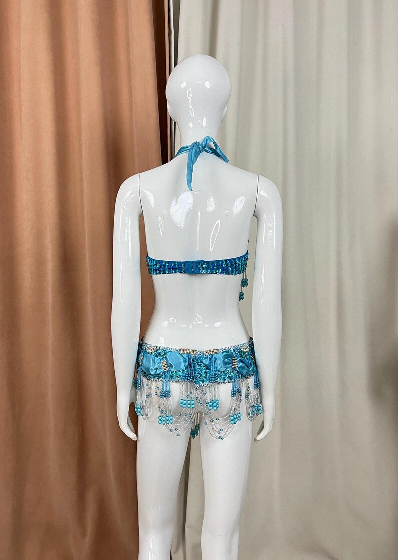 Belly Dance Bra and Belt Set, Women's Blue Beaded & Sequin Halter Top with Matching Hip Scarf, Satin & Chiffon, Tribal Fusion Dancewear