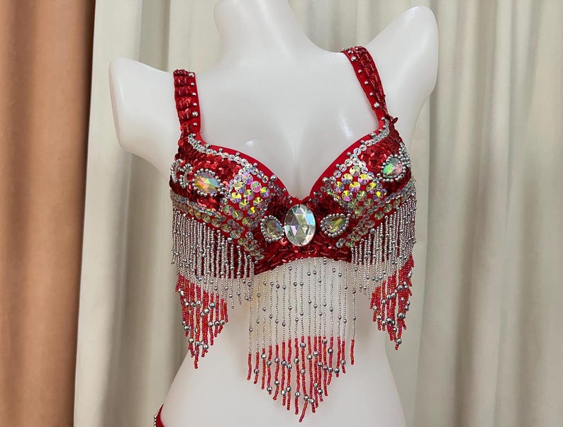 Belly Dance Bra Top, Women's Red Sequin & Beaded Fringe Dance Costume Top, Oriental Dance Performance Wear