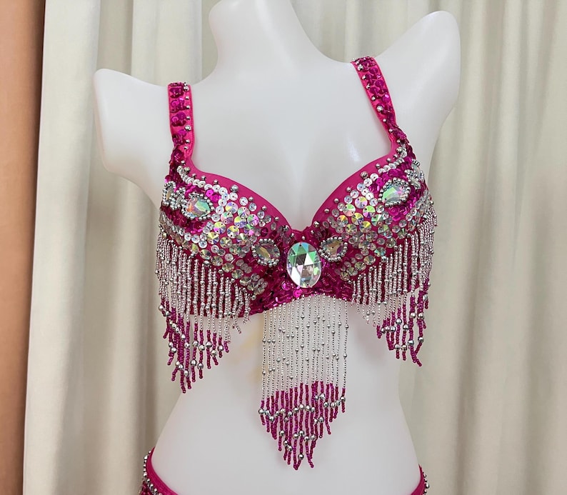 Belly Dance Bra Top, Women's Red Sequin & Beaded Fringe Dance Costume Top, Oriental Dance Performance Wear