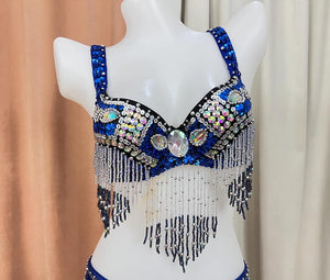 Belly Dance Bra Top, Women's Red Sequin & Beaded Fringe Dance Costume Top, Oriental Dance Performance Wear
