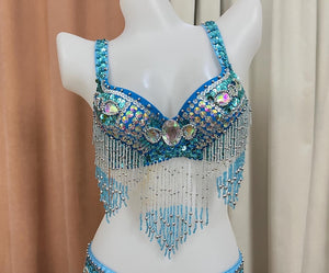 Belly Dance Bra Top, Women's Red Sequin & Beaded Fringe Dance Costume Top, Oriental Dance Performance Wear