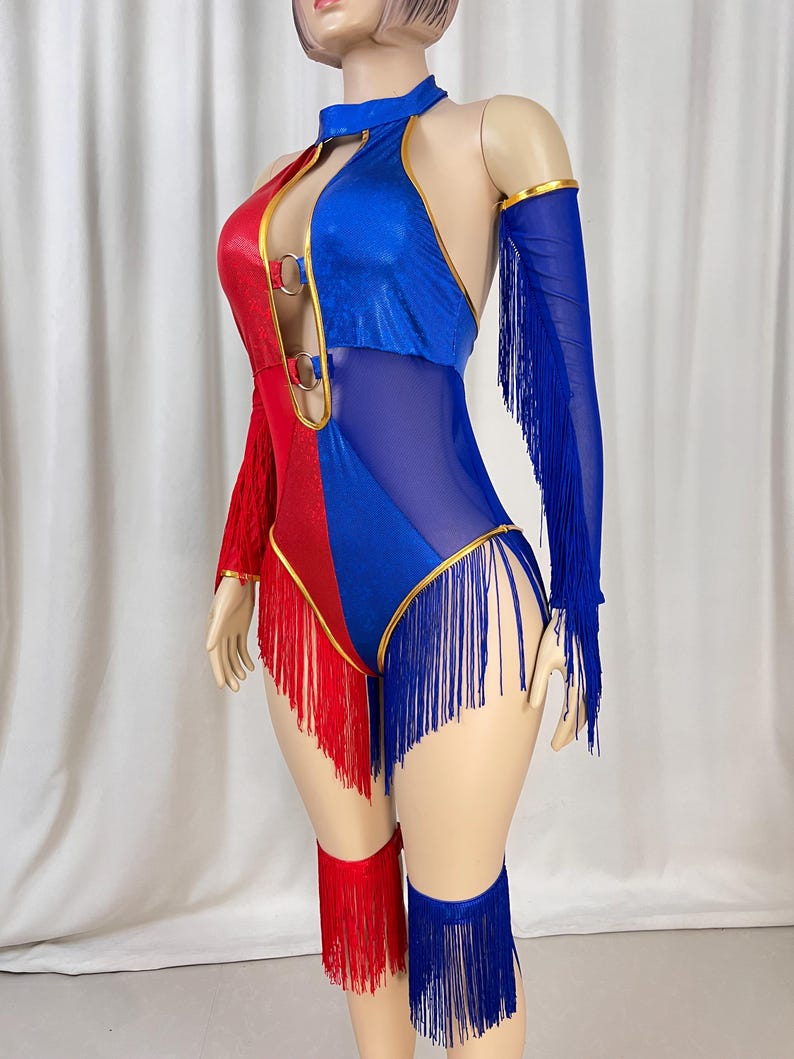 Women's Red and Blue Halter Fringe Bodysuit with Sleeves and Leg Cuffs for Dance