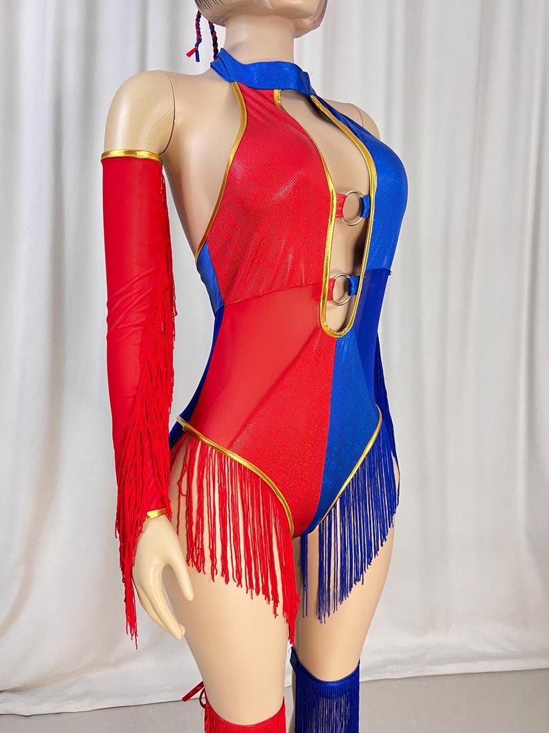 Women's Red and Blue Halter Fringe Bodysuit with Sleeves and Leg Cuffs for Dance