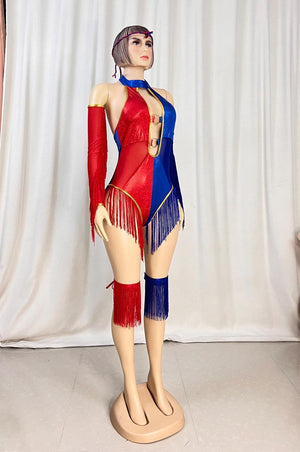 Women's Red and Blue Halter Fringe Bodysuit with Sleeves and Leg Cuffs for Dance