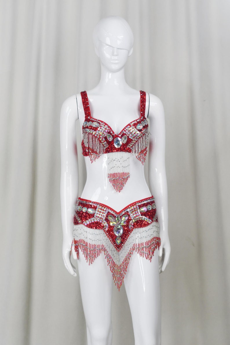 Belly Dance Costume, Women's Red & Silver Sequin Beaded Fringe Bra & Skirt Set, Performance Wear