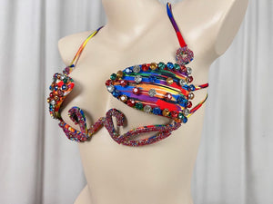 Bikini Top Women's Multi-color Rhinestone Embellished Abstract Print Tie-Dye Straps Dance