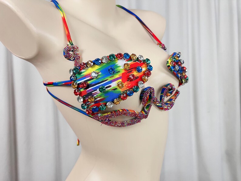 Bikini Top Women's Multi-color Rhinestone Embellished Abstract Print Tie-Dye Straps Dance