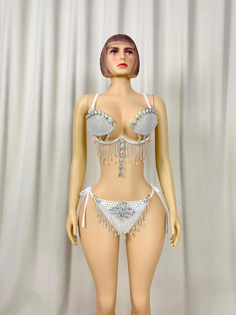 Dancewear Women's White Rhinestone Fringe Bralette and Bikini Bottom Set, Latin Dance