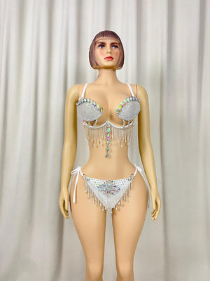 Dancewear Women's White Rhinestone Fringe Bralette and Bikini Bottom Set, Latin Dance