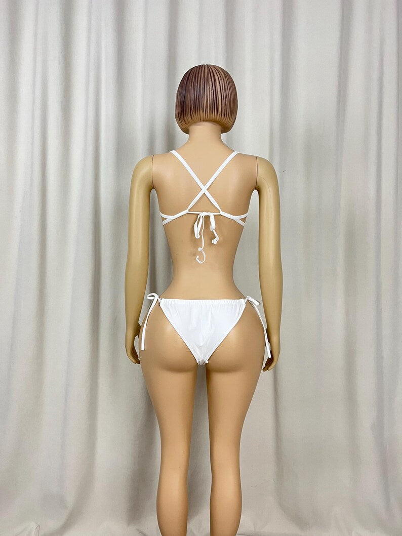 Dancewear Women's White Rhinestone Fringe Bralette and Bikini Bottom Set, Latin Dance