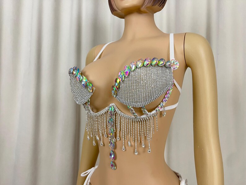 Dancewear Women's White Rhinestone Fringe Bralette and Bikini Bottom Set, Latin Dance