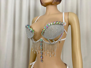 Dancewear Women's White Rhinestone Fringe Bralette and Bikini Bottom Set, Latin Dance