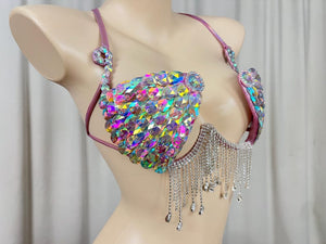 Women's Iridescent Sequin Rhinestone Fringe Dance Bra Top - Latin, Ballroom