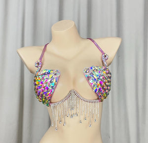 Women's Iridescent Sequin Rhinestone Fringe Dance Bra Top - Latin, Ballroom