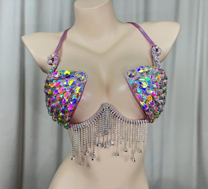 Women's Iridescent Sequin Rhinestone Fringe Dance Bra Top - Latin, Ballroom