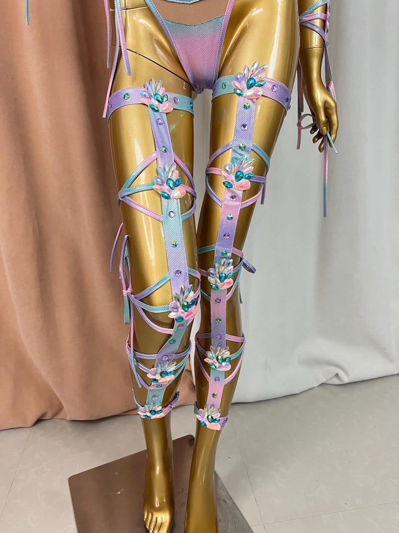 Women's Pastel Ombre Harness Lingerie Set with Rhinestones, Faux Leather, and Strappy Details for Exotic Dance
